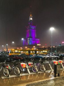 Rain falling over the Palace of Culture and Sciences in Warsaw Poland