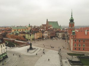 View to Warsaw's colorful Old Town in a grey day