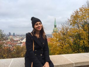 Maria and the view from the Bratislava Castle on an Autumn day