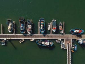 Aerial view of boats in the Ria Formosa Portugal