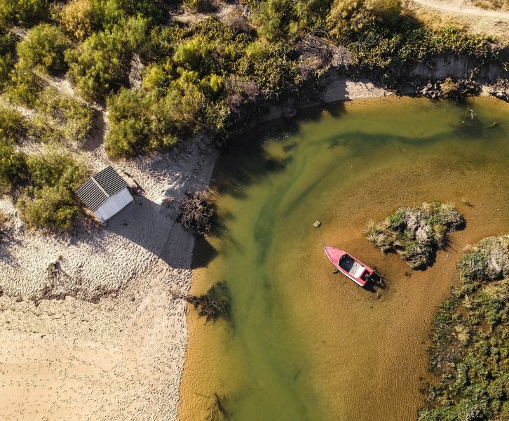 Ria Formosa and a pink boat seen from above