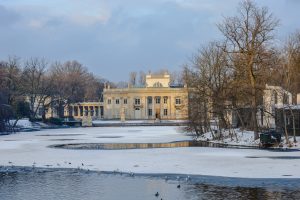 Frozen lake in Warsaw's beautiful Lazienski Park